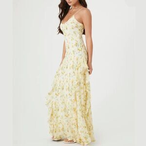 Forever 21 Floral Print Scoop Neck Maxi Dress Size S Tik Tok Viral Ruffled Sheer
